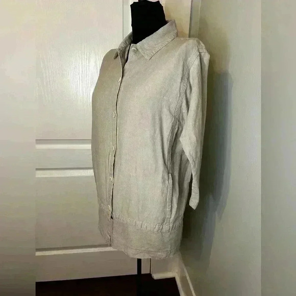 Eileen Fisher Vintage 100% Linen Womens M Beige Button Front Pockets Tunic Top - Picture 2 of 10